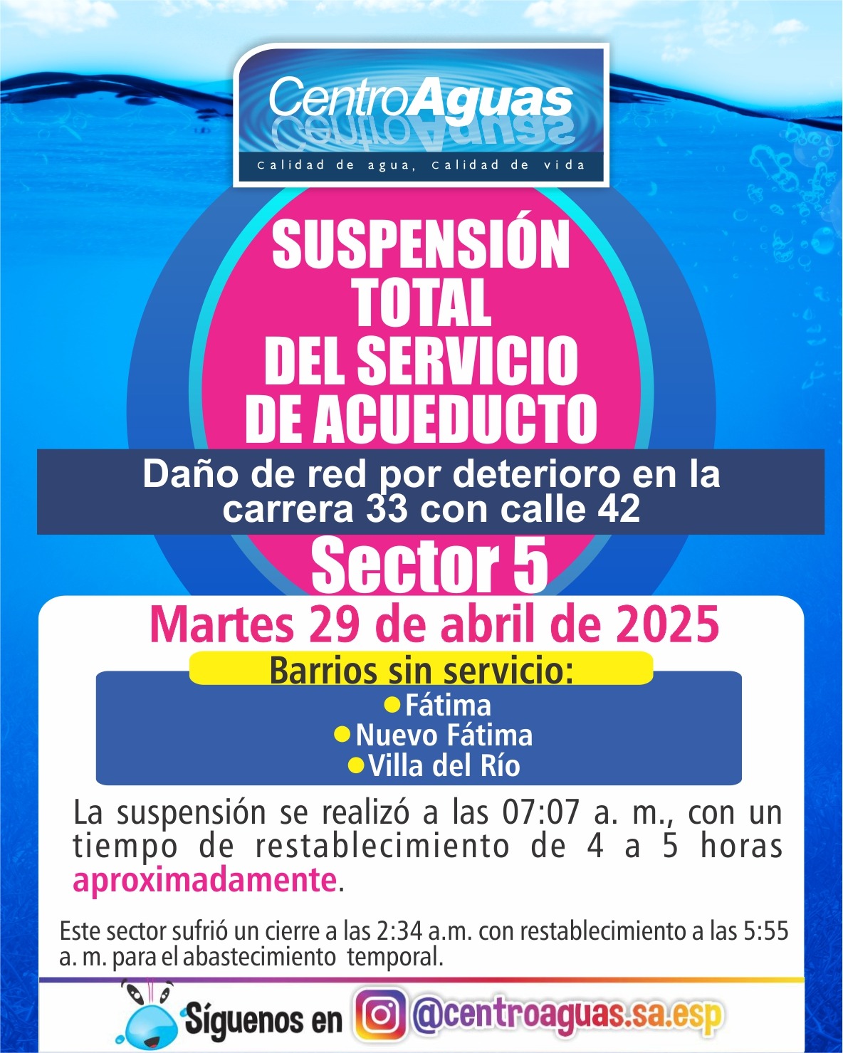 Suspensión total del servicio de acueducto del sector 5
