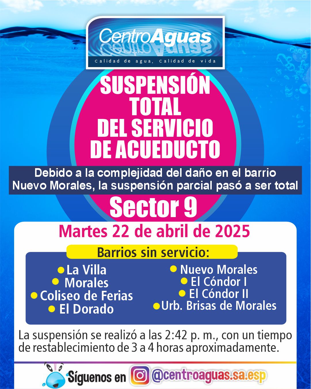 Suspensión total del servicio de acueducto del sector 9