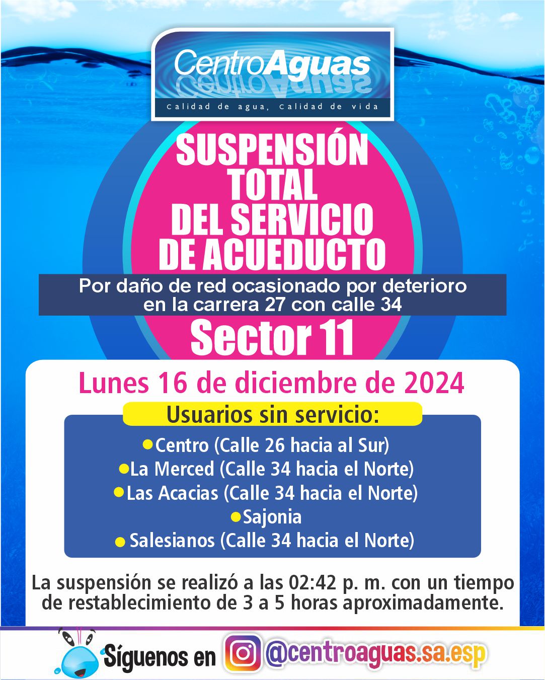 Suspensión total del servicio de acueducto del sector 11 