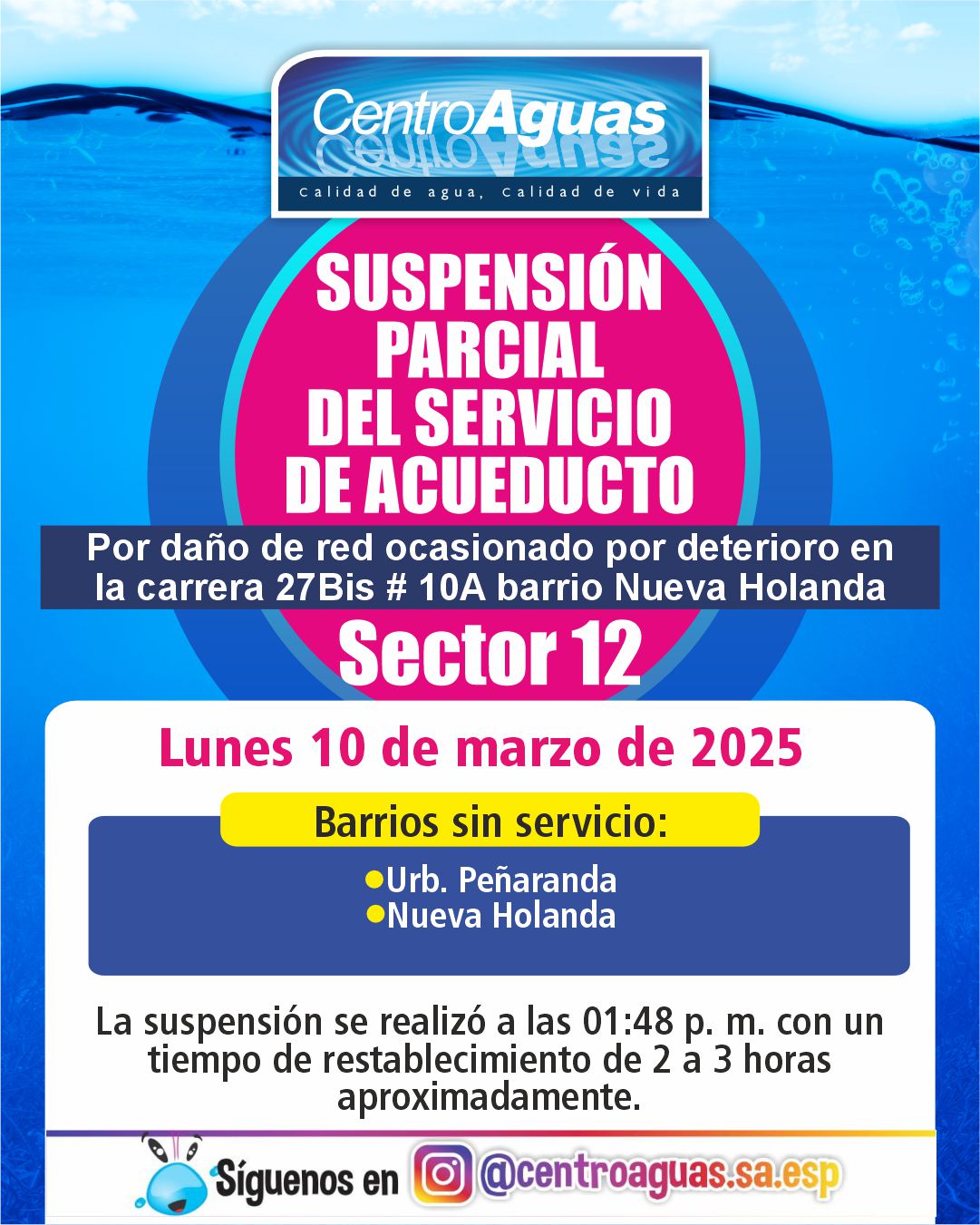 Suspensión parcial del servicio de acueducto del sector 12