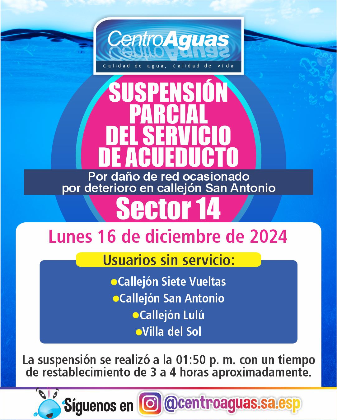 Suspensión parcial del servicio de acueducto del sector 14