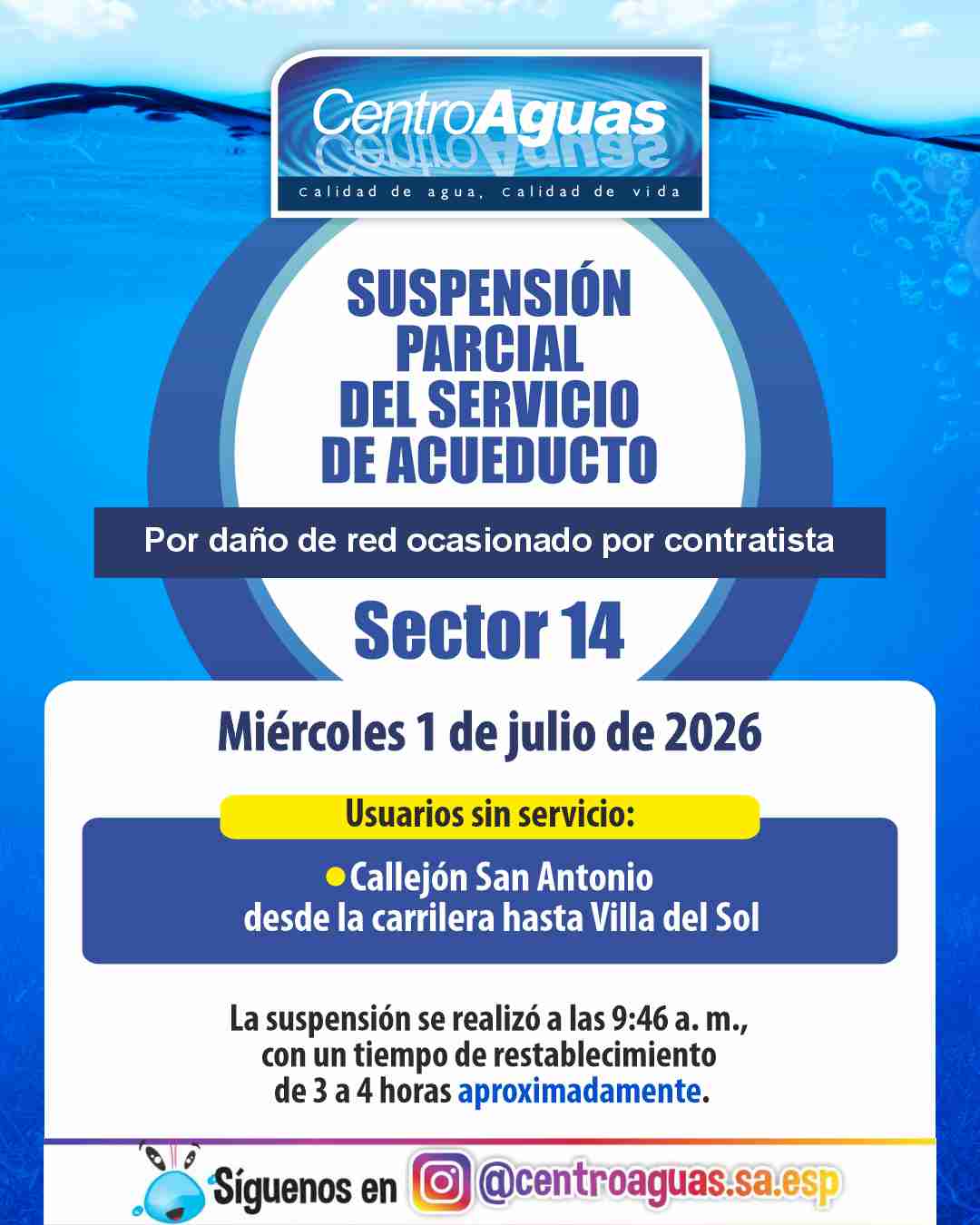 Suspensión parcial del servicio de acueducto del sector 14