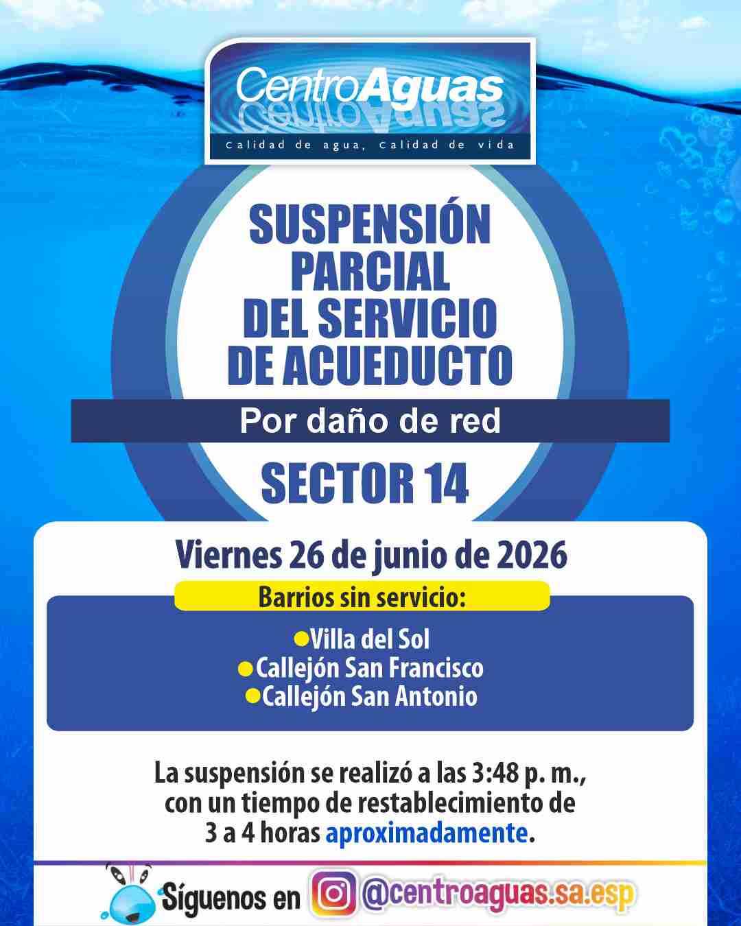 Suspensión parcial del servicio de acueducto del sector 14