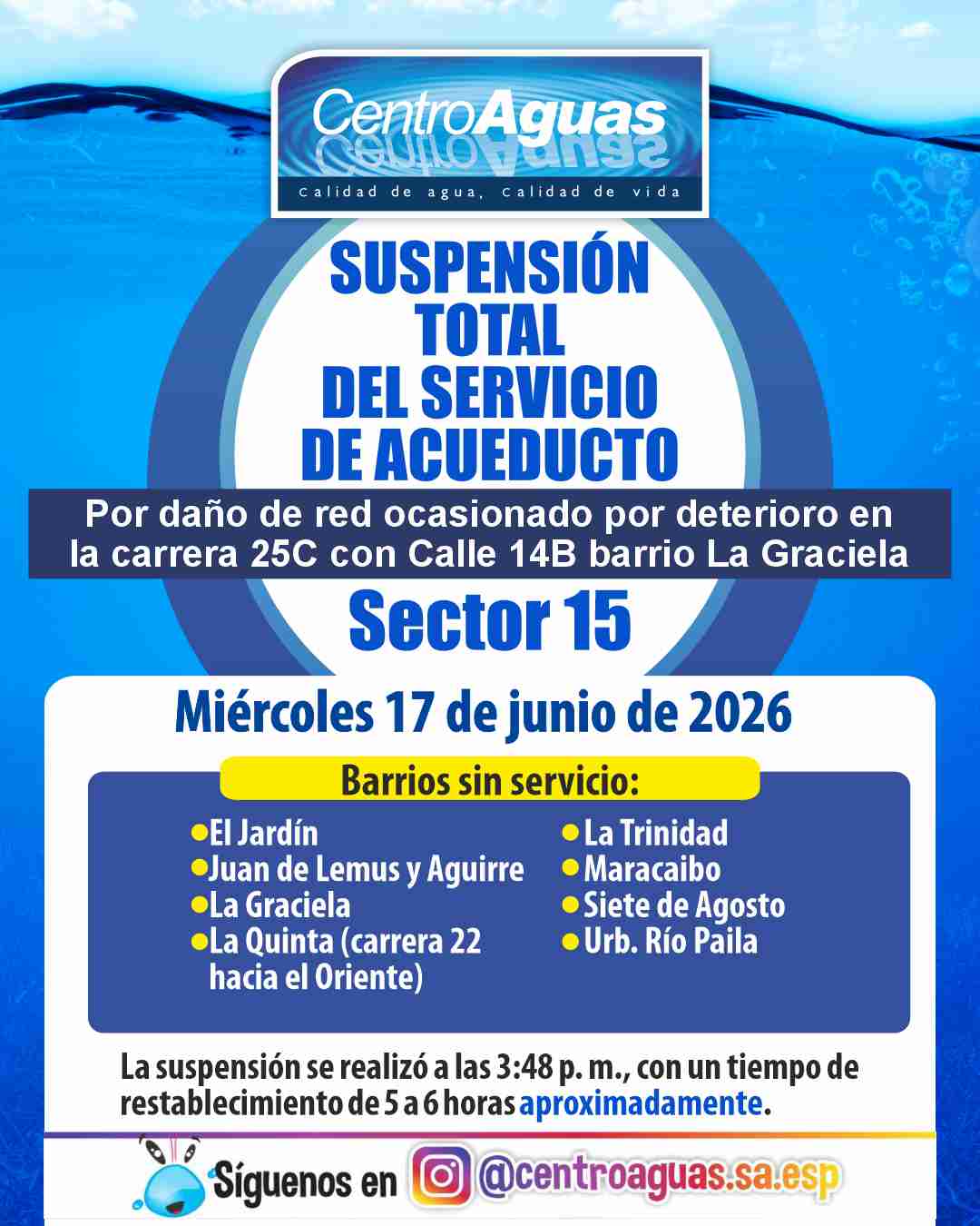 Suspensión Total del servicio de acueducto del sector 15