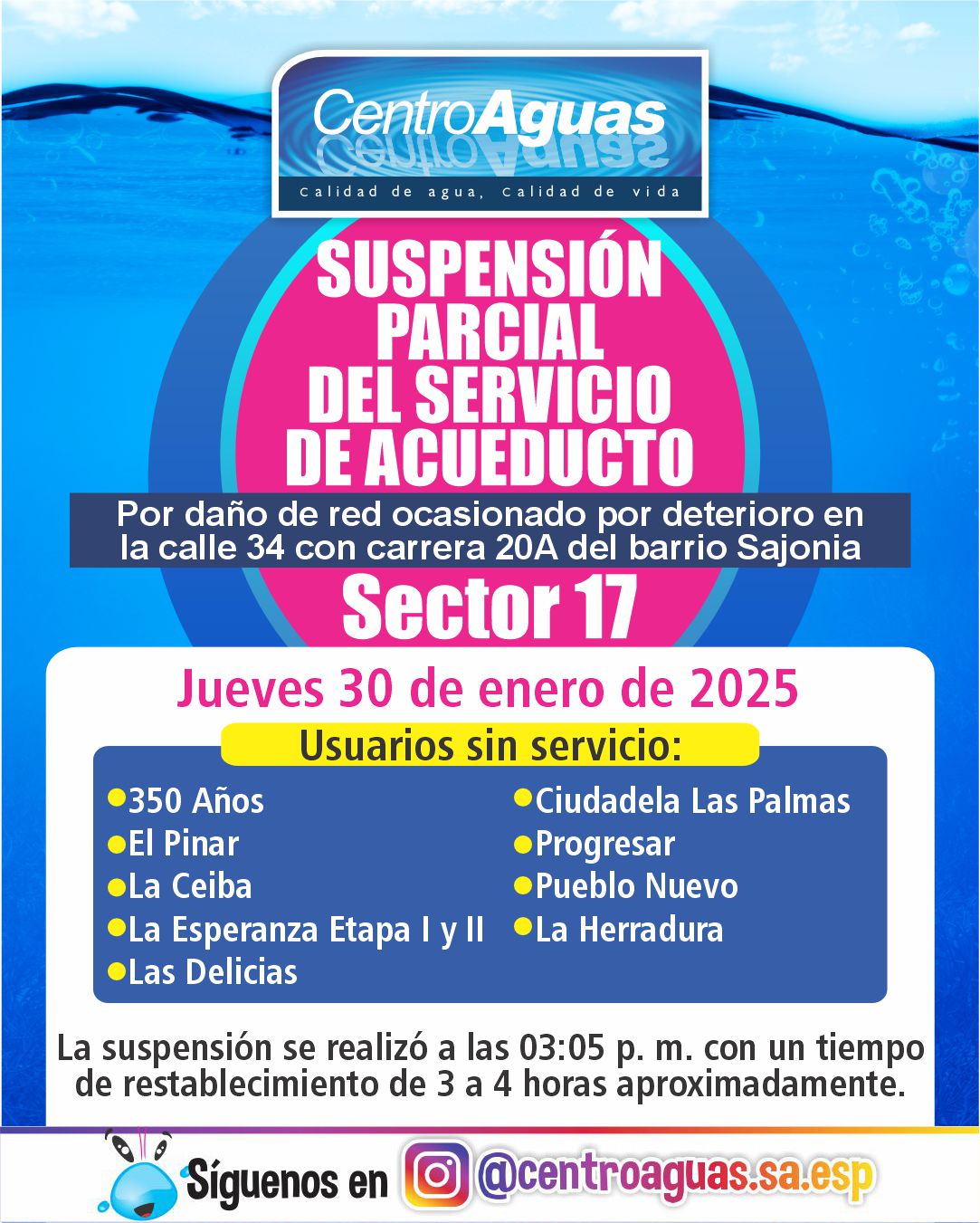 Suspensión parcial del servicio de acueducto del sector 17