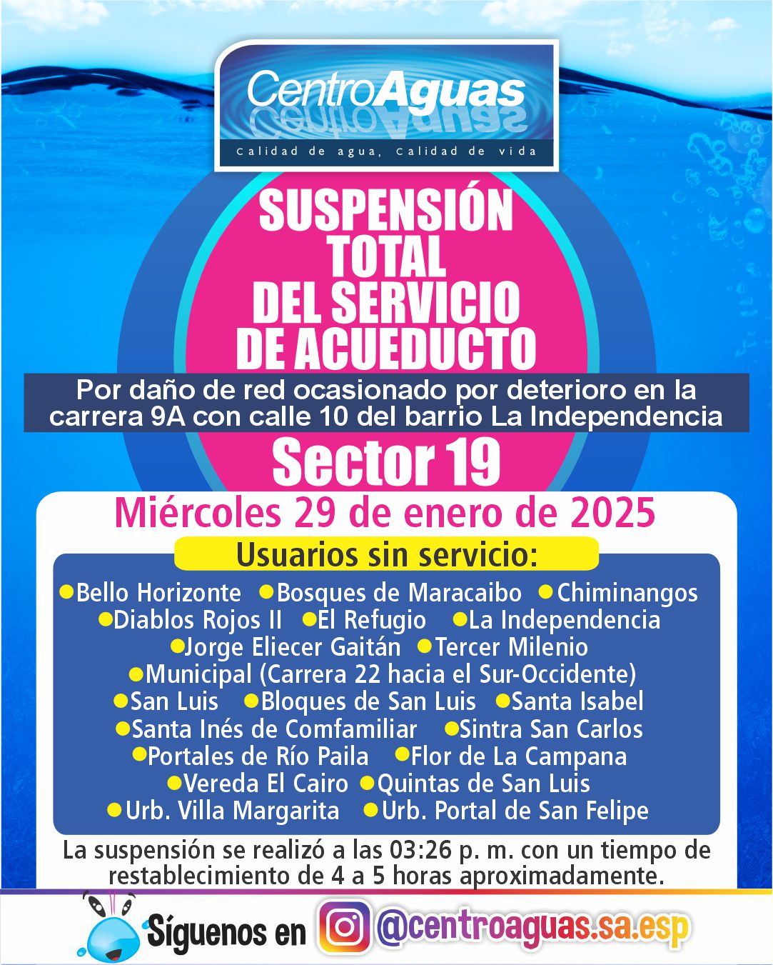 Suspensión total del servicio de acueducto del sector 19