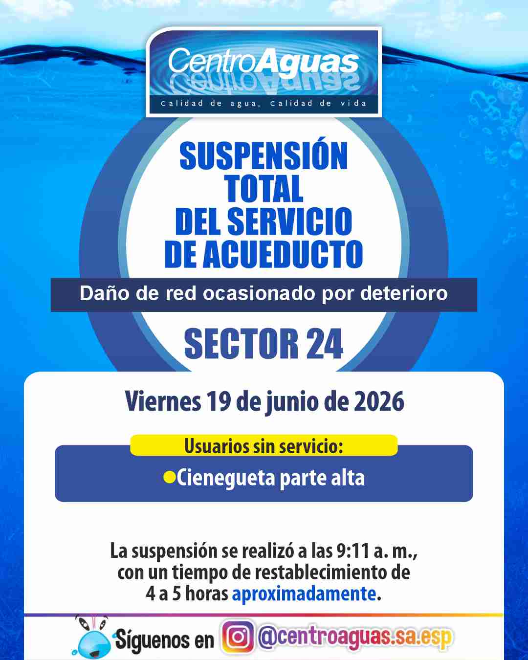 Suspensión total del servicio de acueducto del sector 24