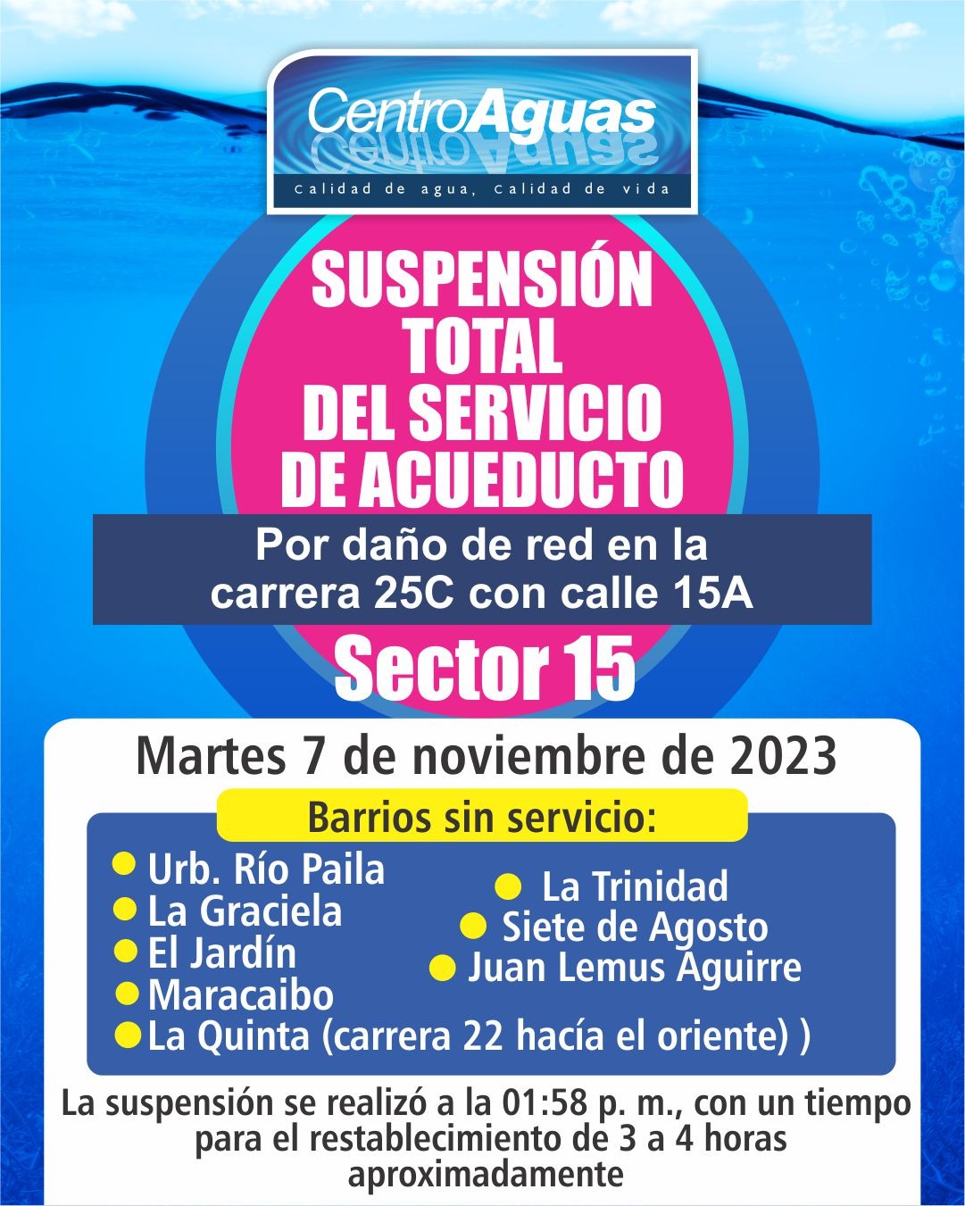 Suspensión total del servicio de acueducto del sector 15 noviembre 7