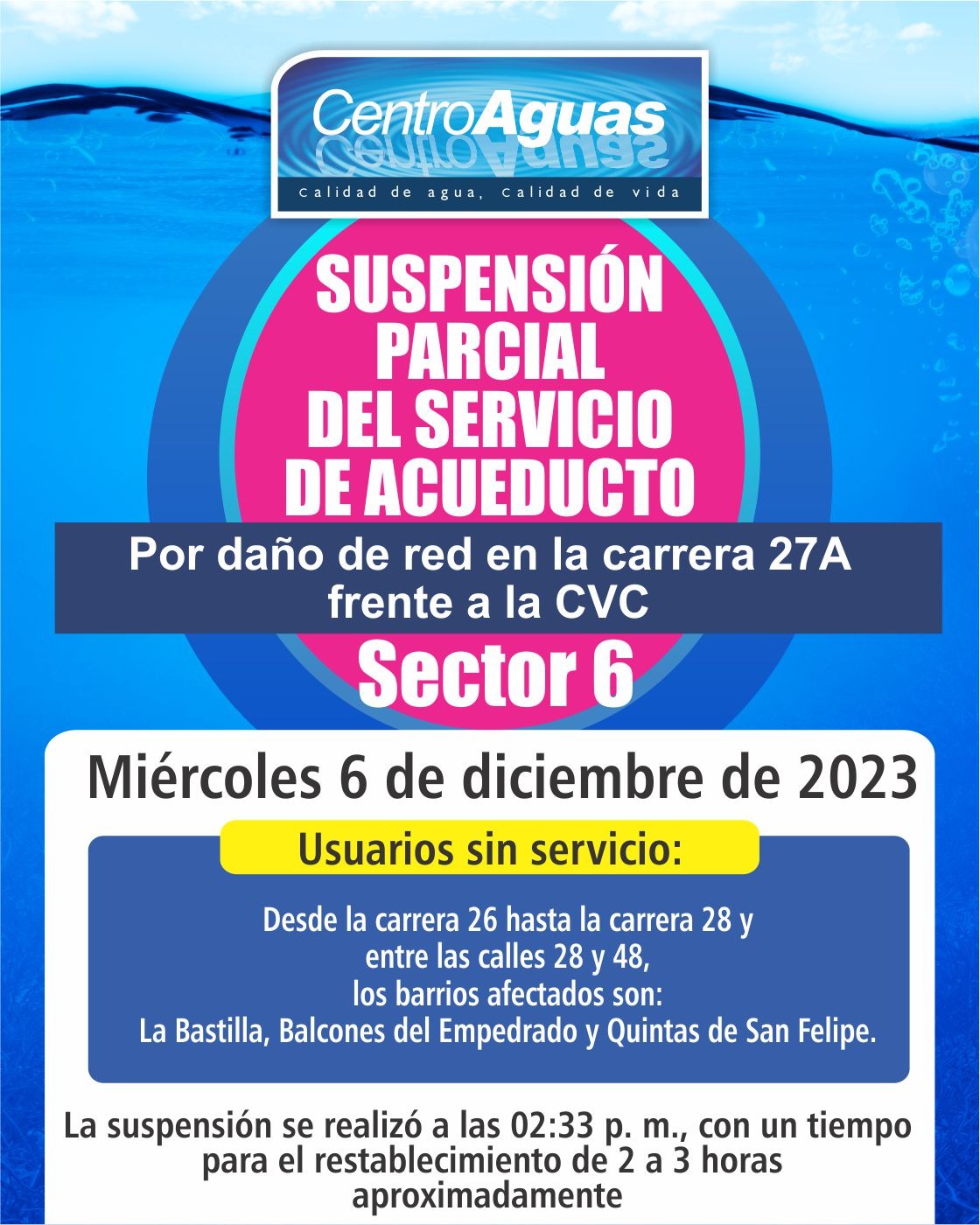 Suspensión parcial del servicio de acueducto del sector 6