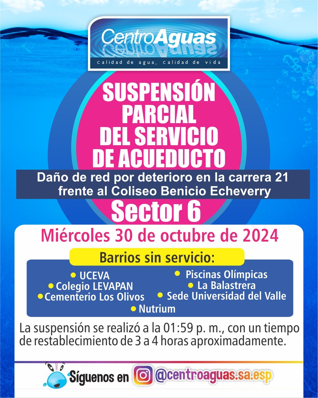 Suspensión parcial del servicio de acueducto del sector 6