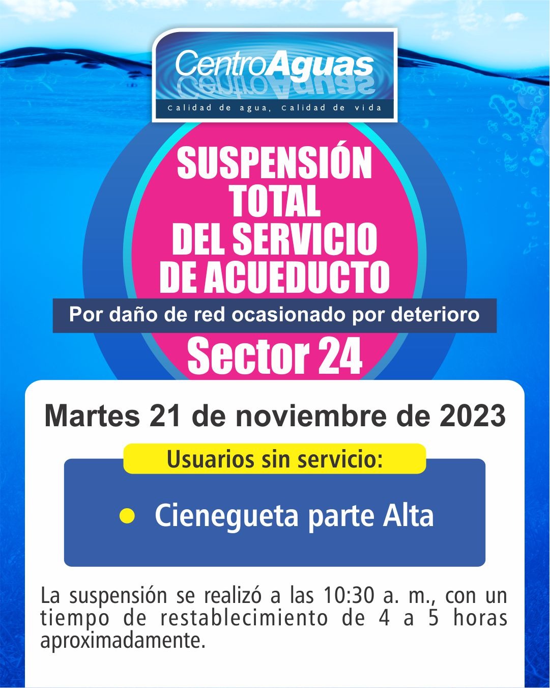 Suspensión total del servicio de acueducto del sector 24