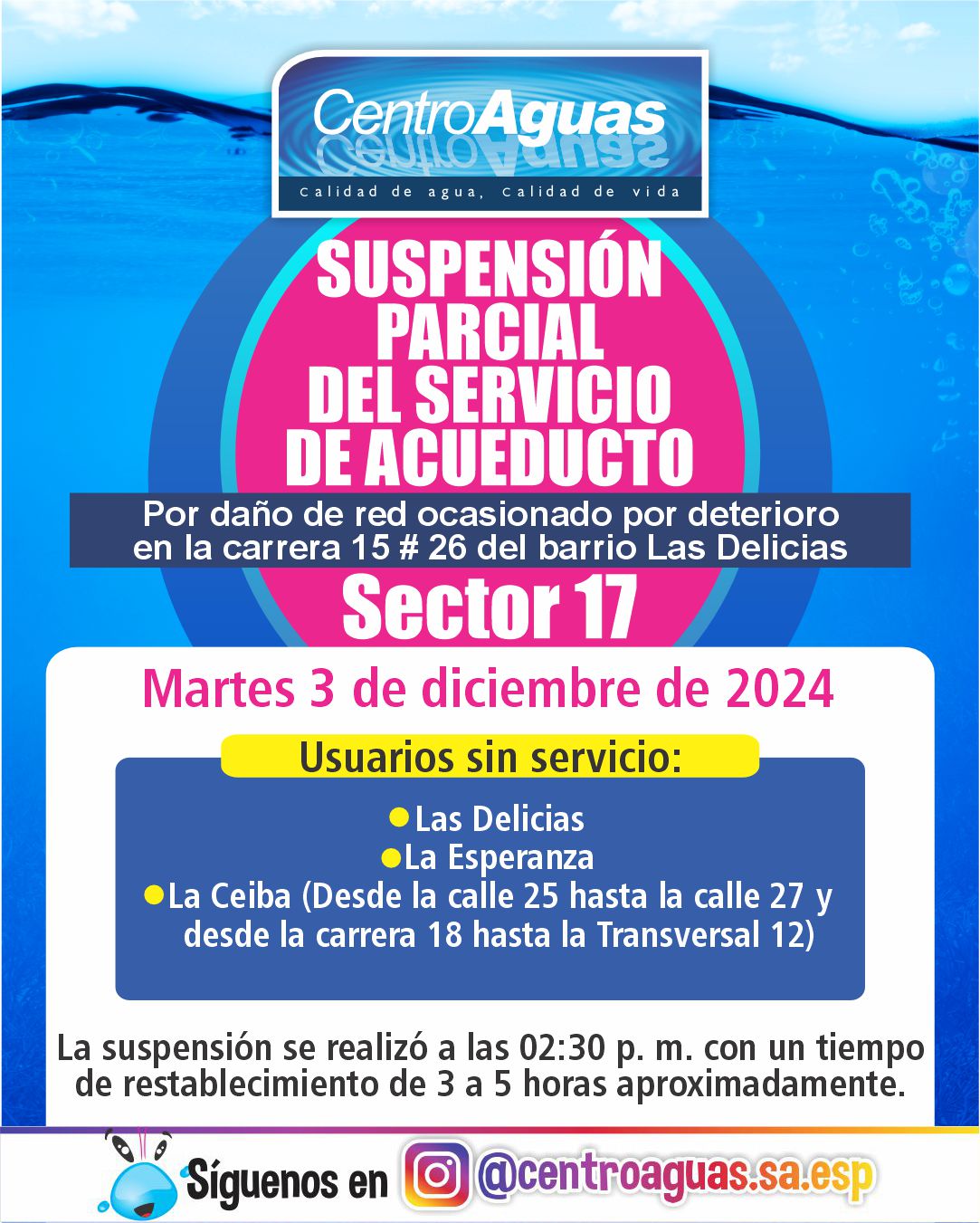 Suspensión parcial del servicio de acueducto del sector 17