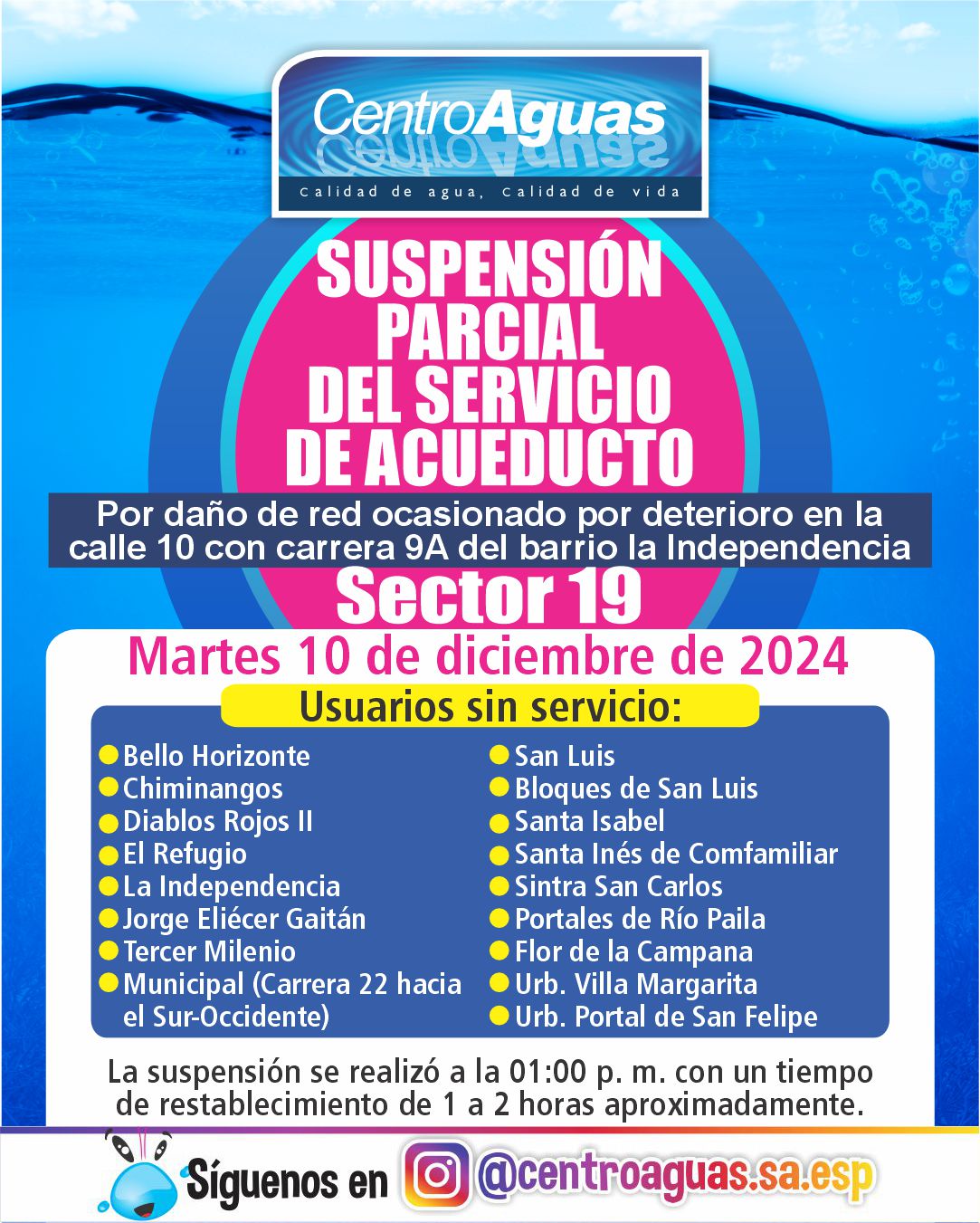 Suspensión parcial del servicio de acueducto del sector 19