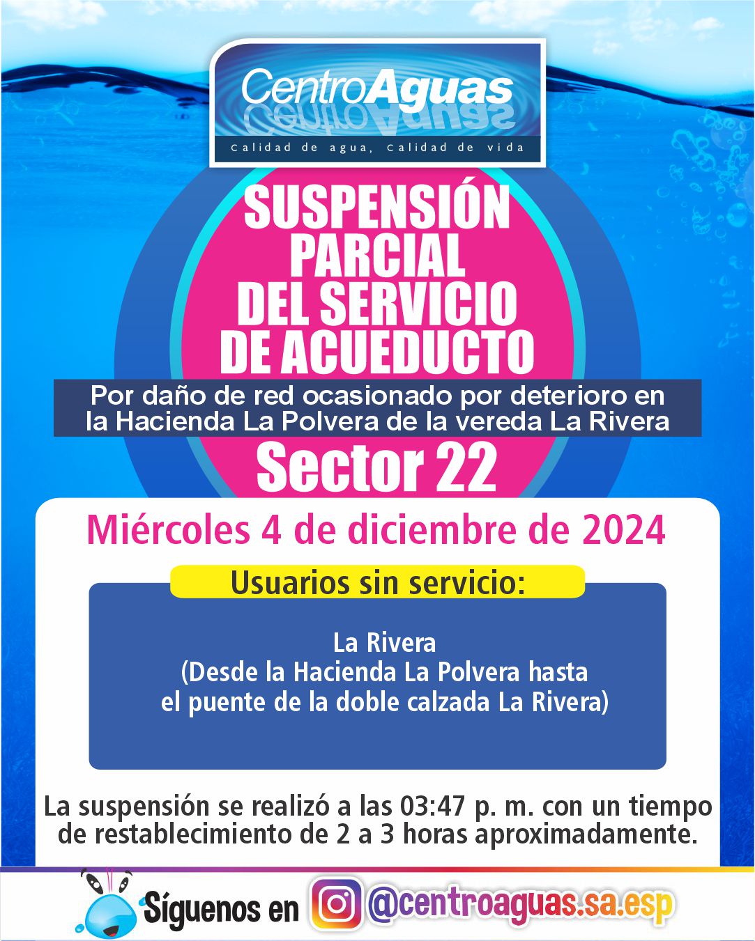 Suspensión parcial del servicio de acueducto en el sector 22