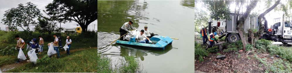 diseño con tres imágenes que relaciona a personal de CENTROAGUAS realizando labores de limpieza en el Lago Chilicote