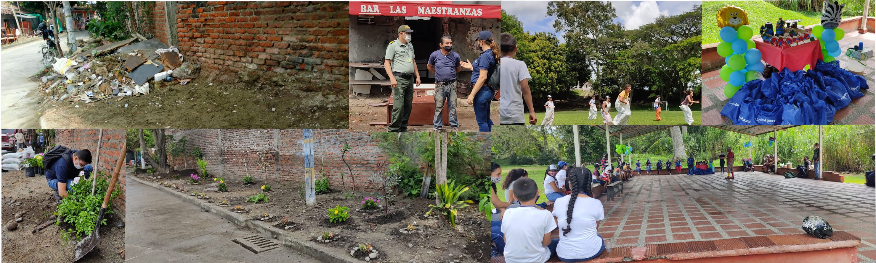 Imagen representativa del persona de centroaguas con personal de la escuela Simón Bolívar en jornada de recuperación y embellecimiento de zonas verdes