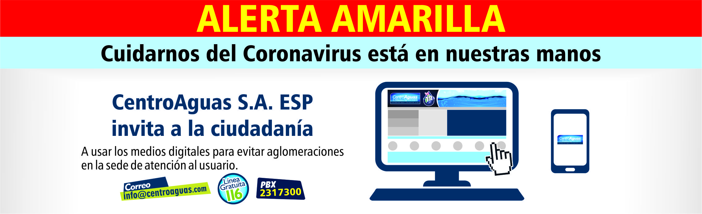 Imagen representativa invitando a los usuarios a usar los canales virtuales de Centroaguas, para el cuidado del Coronavirus