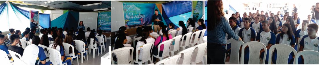 tres fotografías del stand de centroaguas en el coliseo. Se ve a funcionarios dictando charlas a los estudiantes 