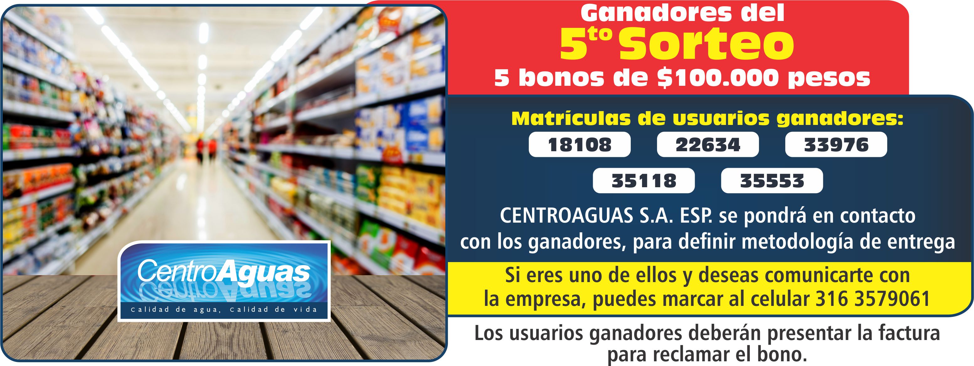 Imagen representativa informando el número de las matrículas que ganaron bonos de $100.000 en el quinto sorteo
