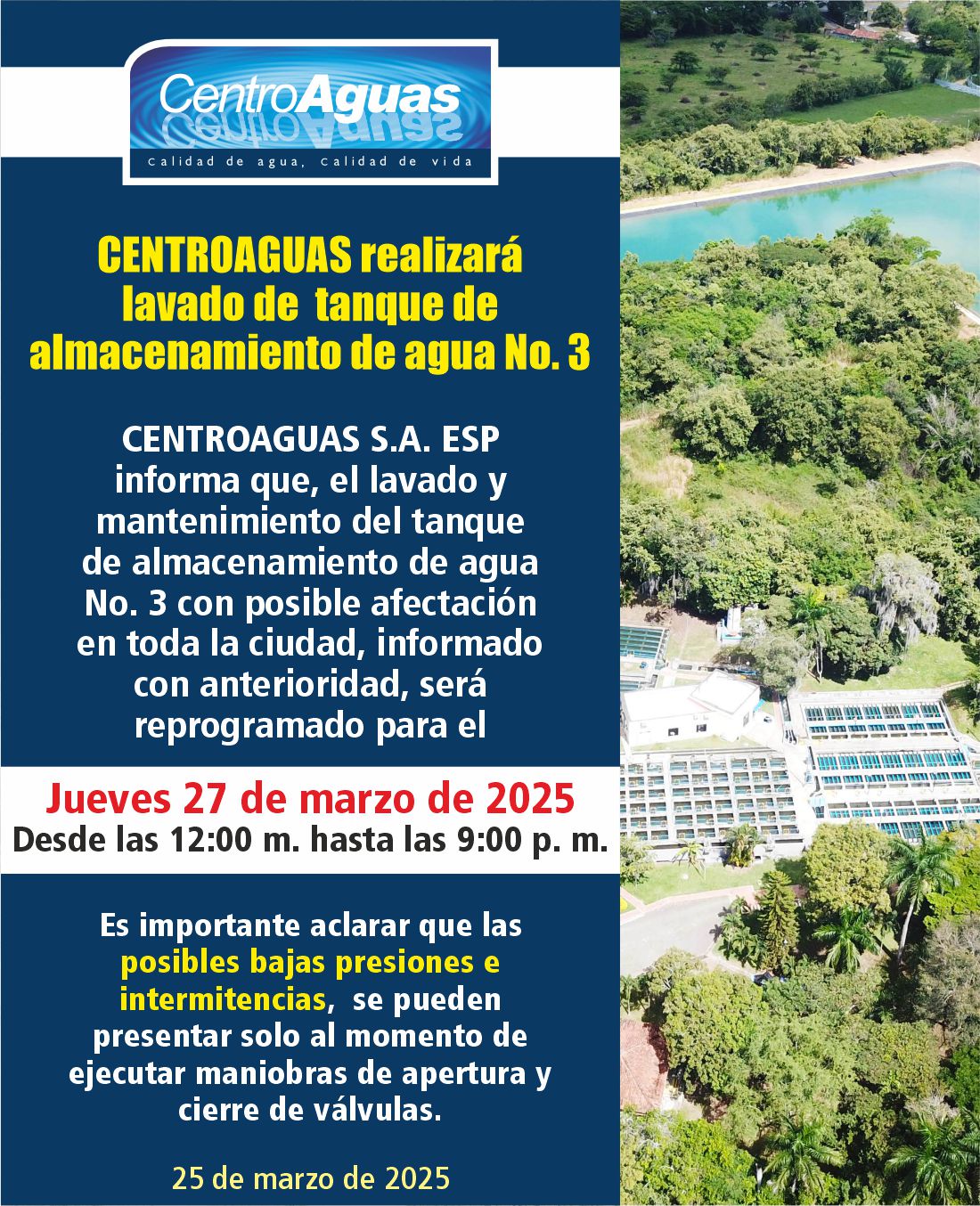 CENTROAGUAS realizará lavado de  tanque de almacenamiento de agua No. 3  