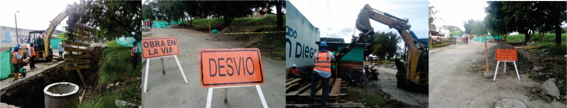 Diseño de 4 fotografías que relaciona la obra del barrio Escobar, vías cerradas y maquinaria en la obra