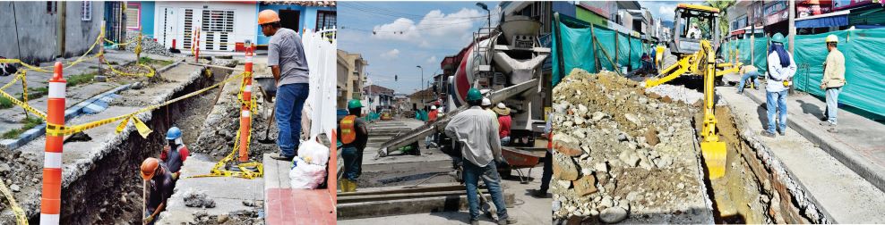 Diseños de tres fotografías del personal de obras realizando actividades de excavación 