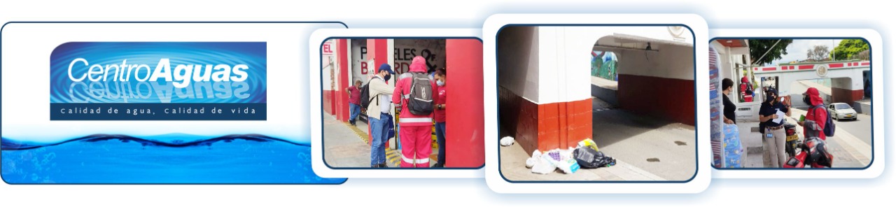 diseño de tres imágenes del personal de la empresa y Veolia Aseo Tuluá visitando establecimientos para realizar capacitación