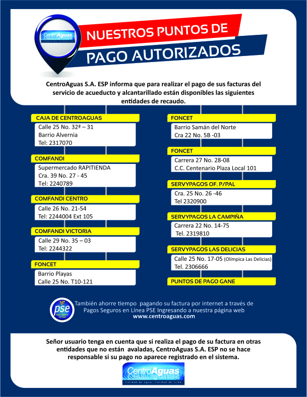 Diseño con información de los puntos de pago autorizados