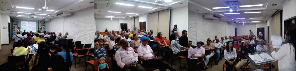 Diseño con tres fotografías de la reunión en el auditorio de la Cámara de Comercio de Tuluá con los Líderes de Juntas de Acción comunal 