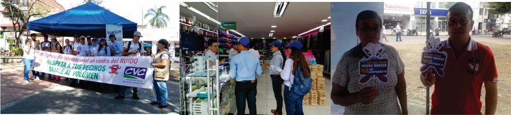 Tres fotografías dela actividad en el que se muestra el stand en el parque, la visita a los locales y usuarios con mensajes alusivos a la contaminación del ruido
