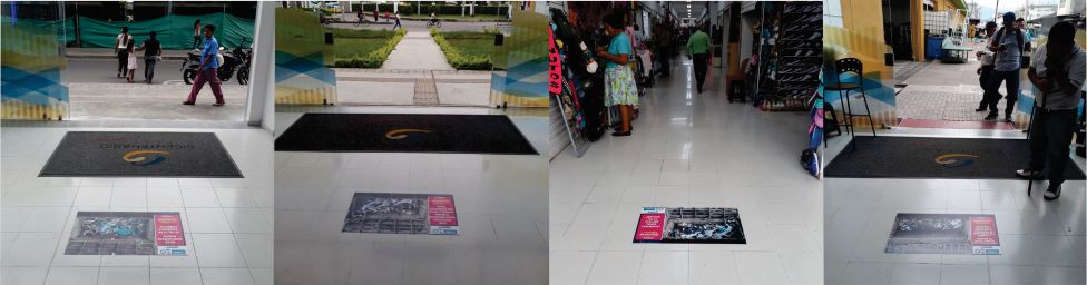 Diseño de cuatro fotografías que muestran los adhesivos de lossumideros colapsados que fueron instalados en diferentes pasillos del centro comercial Bicentenario Plaza