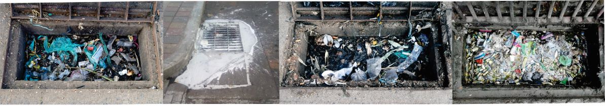 Diseño de cuatro fotografías de sumideros colapsados de basura