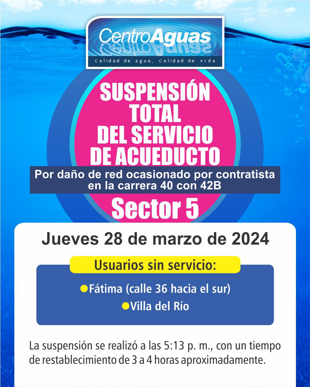 Suspensión total del servicio de acueducto en el sector 15